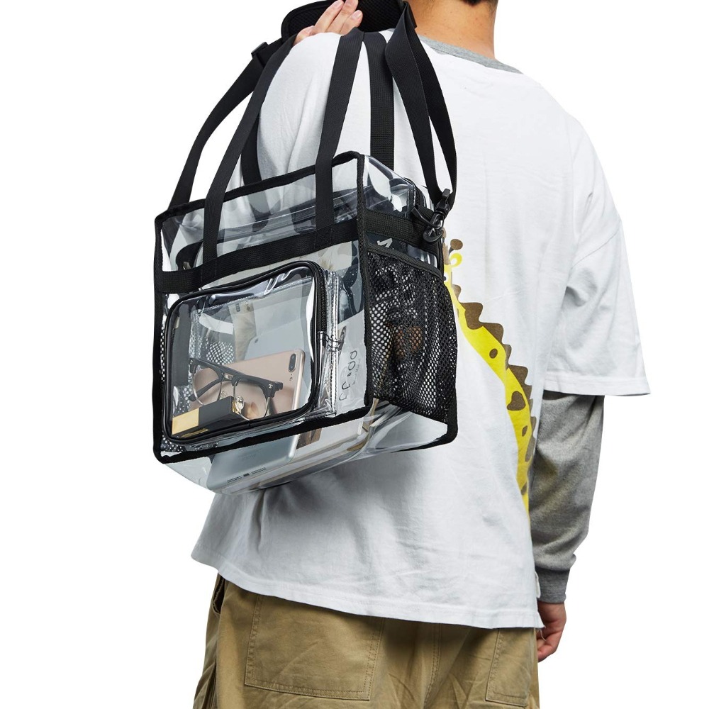 Women Bags For Work - クリアトートバッグ ヘビーデューティー プラスチック製 透明 クロスボディバッグ ジッパーポケット付き