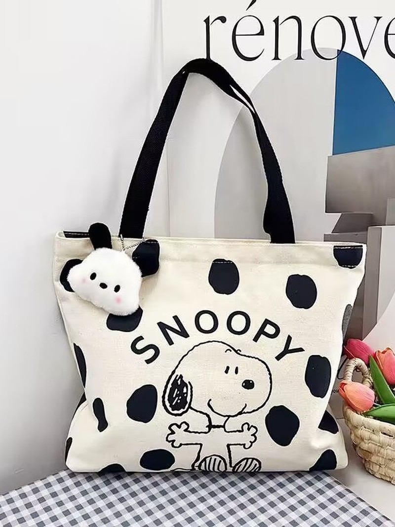 Women Bags Medium Size - 漫画スヌーピーキャンバスショルダーバッグ女性用大容量トートバッグカジュアルハンドバッグ学生用日常使用旅行ショッパー