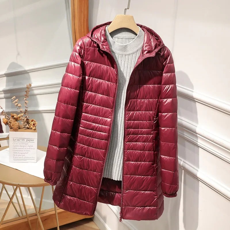 Women Bags Office - 女性用ロングダウンジャケット ライトダウンコート 暖かい女性用オーバーコート ヒップ丈ハイストリートダウンコート ポータブル収納バッグ付き レディース