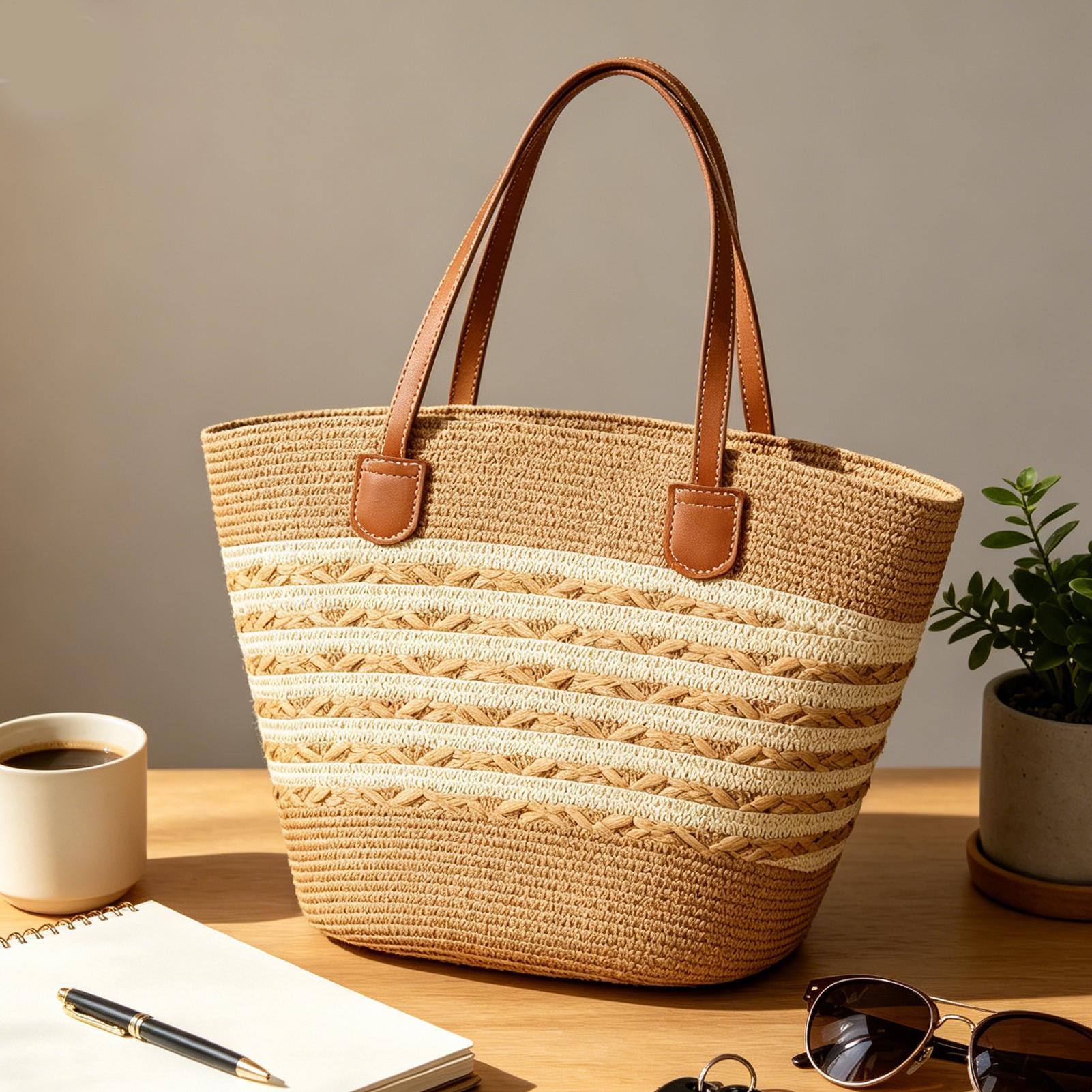 エレガントでシックな新作大型ボヘミアンストロー トートバッグ - Women Bags For Party のレビューと価格